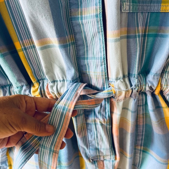 Gap Sz 14 Short Sleeve Plaid Romper Drawstring Waist Pockets Button Down - Picture 6 of 14